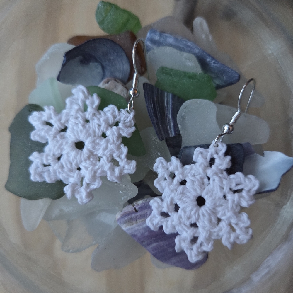 Elegant White Crochet Snowflake Earrings